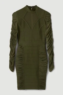Karen Millen Ruched Mesh Funnel Neck Bandage Mini Dress -Karen Millen shop khaki ruched mesh funnel neck bandage mini dress 2
