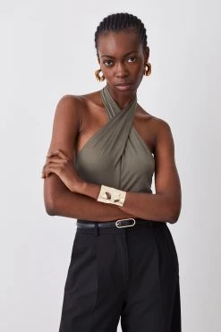 Karen Millen Slinky Cross Front Jersey Sleeveless Bodysuit