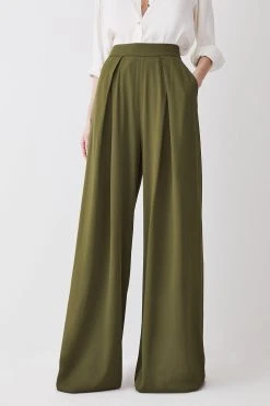 Karen Millen Tall Pleat Detail Wide Leg Trouser -Karen Millen shop khaki tall pleat detail wide leg trouser 1