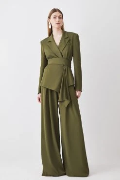 Karen Millen Tall Pleat Detail Wide Leg Trouser -Karen Millen shop khaki tall pleat detail wide leg trouser 3