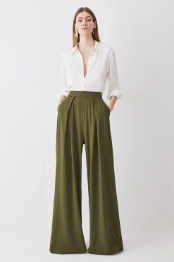 Karen Millen Tall Pleat Detail Wide Leg Trouser -Karen Millen shop khaki tall pleat detail wide leg trouser 4