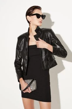 Karen Millen Washed Leather Forever Fitted Notch Neck Blazer -Karen Millen shop khaki washed leather forever fitted notch neck blazer 1 2