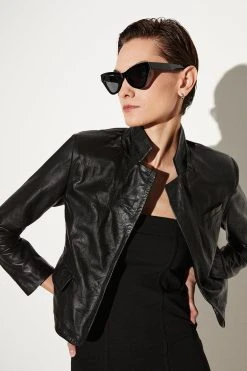 Karen Millen Washed Leather Forever Fitted Notch Neck Blazer -Karen Millen shop khaki washed leather forever fitted notch neck blazer 1 3