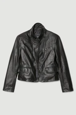 Karen Millen Washed Leather Forever Fitted Notch Neck Blazer -Karen Millen shop khaki washed leather forever fitted notch neck blazer 1 4