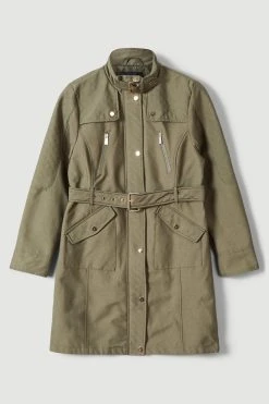 Karen Millen Waterproof Quilted Cotton Sateen Long Jacket -Karen Millen shop khaki waterproof quilted cotton sateen long jacket 2