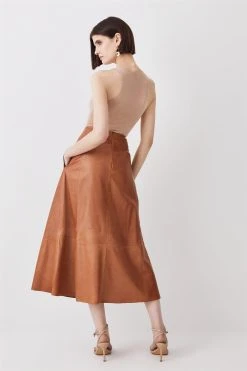 Karen Millen Leather Veg Tan Full Midi Skirt -Karen Millen shop leather veg tan full midi skirt 1 2