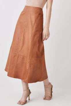 Karen Millen Leather Veg Tan Full Midi Skirt -Karen Millen shop leather veg tan full midi skirt 1 4