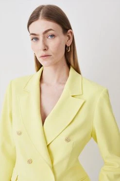 Karen Millen Compact Stretch Double Pocket Tailored Double Breasted Jacket -Karen Millen shop lemon compact stretch double pocket tailored double breasted jacket 1 1
