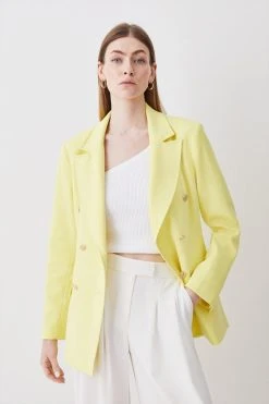 Karen Millen Compact Stretch Double Pocket Tailored Double Breasted Jacket -Karen Millen shop lemon compact stretch double pocket tailored double breasted jacket 1 2