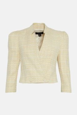 Karen Millen Sparkle Tweed Notch Neck Jacket -Karen Millen shop lemon sparkle tweed notch neck jacket 1 3