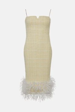 Karen Millen Tweed Chain Strap Feather Hem Midi Dress -Karen Millen shop lemon tweed chain strap feather hem midi dress 1 3