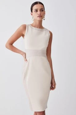 Karen Millen Petite Ponte And Faux Leather Pencil Midi Dress -Karen Millen shop light beige petite ponte and faux leather pencil midi dress 2