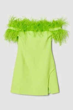 Karen Millen Boucle Feather Bardot Mini Dress -Karen Millen shop lime boucle feather bardot mini dress 1 4