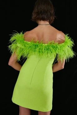 Karen Millen Boucle Feather Bardot Mini Dress -Karen Millen shop lime boucle feather bardot mini dress 1 5