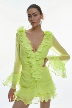 Karen Millen Chiffon Corsage Ruffle Mini Dress -Karen Millen shop lime chiffon corsage ruffle mini dress 5