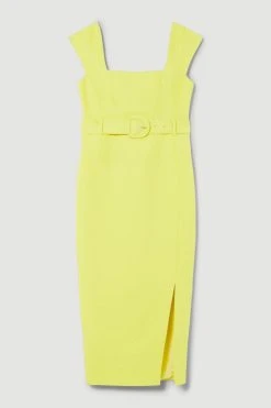 Karen Millen Clean Tailored Belted Split Detail Pencil Midi Dress -Karen Millen shop lime clean tailored belted split detail pencil midi dress 2