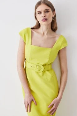 Karen Millen Clean Tailored Belted Split Detail Pencil Midi Dress -Karen Millen shop lime clean tailored belted split detail pencil midi dress 4