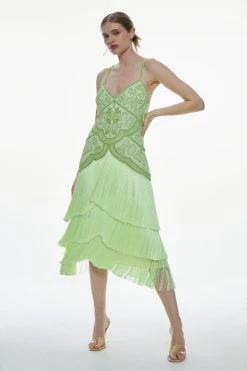 Karen Millen Fringe And Beaded Halter Neck Midi Dress