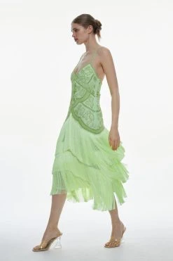 Karen Millen Fringe And Beaded Halter Neck Midi Dress -Karen Millen shop lime fringe and beaded halter neck midi dress 5