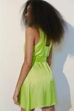 Karen Millen Heavy Satin Draped Woven Mini Dress -Karen Millen shop lime heavy satin draped woven mini dress 1