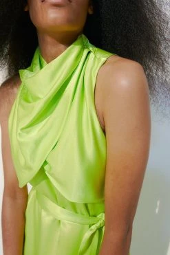 Karen Millen Heavy Satin Draped Woven Mini Dress -Karen Millen shop lime heavy satin draped woven mini dress 2