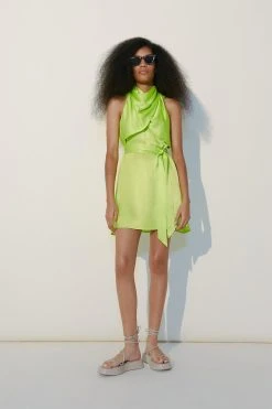 Karen Millen Heavy Satin Draped Woven Mini Dress -Karen Millen shop lime heavy satin draped woven mini dress 3