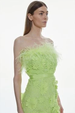 Karen Millen Lace Feather Bardot Woven Mini Dress -Karen Millen shop lime lace feather bardot woven mini dress 2