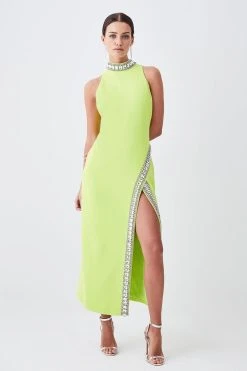 Karen Millen Petite Crystal Embellished Woven Split Maxi -Karen Millen shop lime petite crystal embellished woven split maxi 4