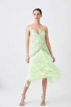 Karen Millen Petite Fringe And Beaded Halter Neck Midi Dress -Karen Millen shop lime petite fringe and beaded halter neck midi dress 2