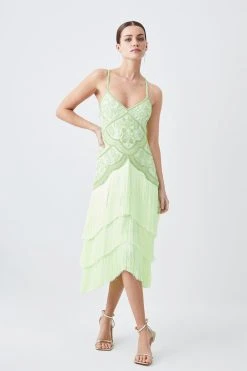 Karen Millen Petite Fringe And Beaded Halter Neck Midi Dress -Karen Millen shop lime petite fringe and beaded halter neck midi dress 3