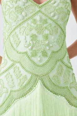 Karen Millen Petite Fringe And Beaded Halter Neck Midi Dress -Karen Millen shop lime petite fringe and beaded halter neck midi dress 4