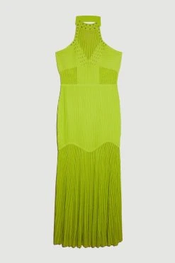 Karen Millen Plus Size Sheer And Stud Detail Halterneck Knit Maxi Dress -Karen Millen shop lime plus size sheer and stud detail halterneck knit maxi dress 2