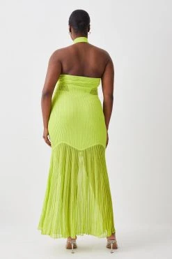 Karen Millen Plus Size Sheer And Stud Detail Halterneck Knit Maxi Dress -Karen Millen shop lime plus size sheer and stud detail halterneck knit maxi dress 3