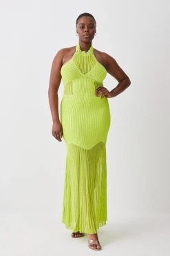 Karen Millen Plus Size Sheer And Stud Detail Halterneck Knit Maxi Dress -Karen Millen shop lime plus size sheer and stud detail halterneck knit maxi dress 4