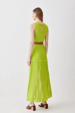 Karen Millen Sleeveless Belted Contrast Stitch Knit Maxi Dress -Karen Millen shop lime sleeveless belted contrast stitch knit maxi dress 2