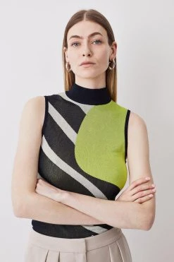 Karen Millen Slinky Knit Jacquard Abstract Top -Karen Millen shop lime slinky knit jacquard abstract top 1