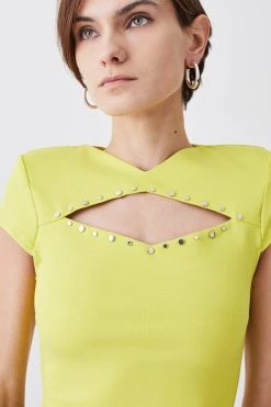 Karen Millen Stud Detail Cut Out Ponte Jersey Top -Karen Millen shop lime stud detail cut out ponte jersey top 1 3