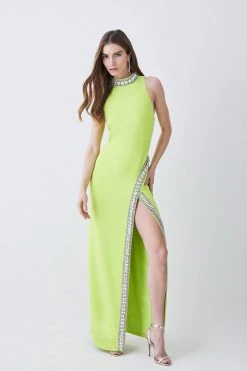 Karen Millen Tall Crystal Embellished Woven Maxi Dress -Karen Millen shop lime tall crystal embellished woven maxi dress 3