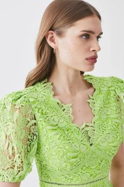 Karen Millen Tall Guipure Lace V Neck Woven Mini Dress -Karen Millen shop lime tall guipure lace v neck woven mini dress 2