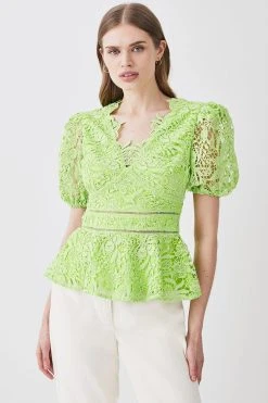 Karen Millen Tall Guipure Lace V Neck Woven Mini Dress -Karen Millen shop lime tall guipure lace v neck woven mini dress 3