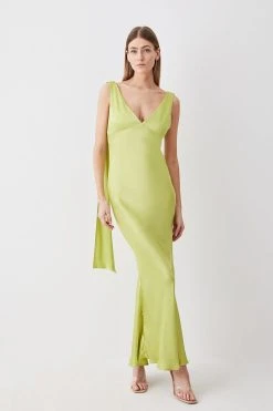 Karen Millen Tall Viscose Satin V Neck Draped Back Midi Dress -Karen Millen shop lime tall viscose satin v neck draped back midi dress 1