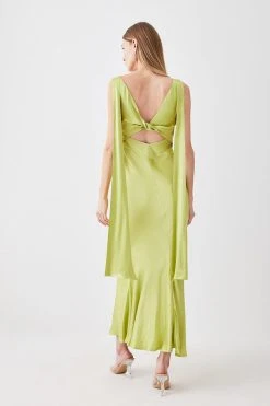 Karen Millen Tall Viscose Satin V Neck Draped Back Midi Dress -Karen Millen shop lime tall viscose satin v neck draped back midi dress 2