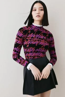 Karen Millen Woven Collar & Cuff Jacquard Knit Jumper -Karen Millen shop lime woven collar cuff jacquard knit jumper 1