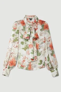 Karen Millen Lydia Millen Crinkle Chiffon Floral Placement Pussybow Top