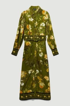 Karen Millen Lydia Millen Tall Floral Belted Woven Midi Shirt Dress