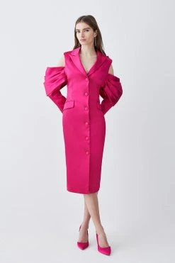 Karen Millen Italian Structured Drape Sleeve Detail Tailored Midi Dress -Karen Millen shop magenta italian structured drape sleeve detail tailored midi dress 3