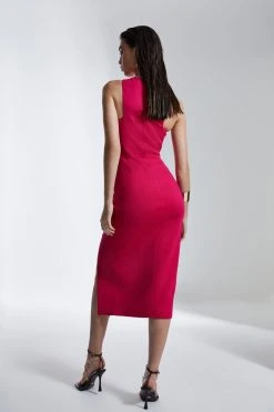 Karen Millen Italian Structured Jersey Asymmetric Neck Line Midi Dress -Karen Millen shop magenta italian structured jersey asymmetric neck line midi dress 2