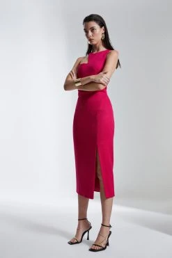 Karen Millen Italian Structured Jersey Asymmetric Neck Line Midi Dress -Karen Millen shop magenta italian structured jersey asymmetric neck line midi dress 3