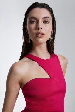 Karen Millen Italian Structured Jersey Asymmetric Neck Line Midi Dress -Karen Millen shop magenta italian structured jersey asymmetric neck line midi dress 5