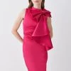 Karen Millen Italian Structured Satin Bow Pencil Midi Dress 1 Karen Millen Italian Structured Satin Bow Pencil Midi Dress -Karen Millen shop magenta italian structured satin bow pencil midi dress